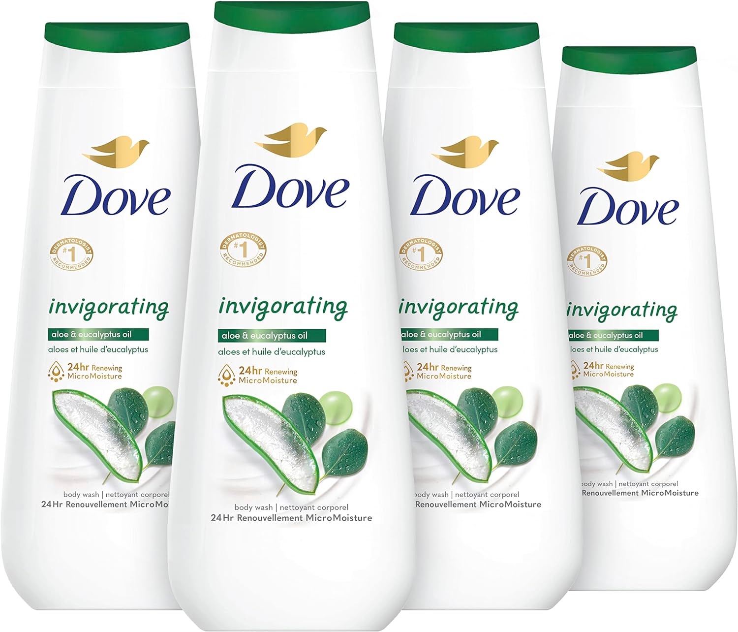 Dove Body Wash Invigorating With Aloe & Eucalyptus 4 Count For Dry Skin Refreshes And Invigorates Skin 20 Oz