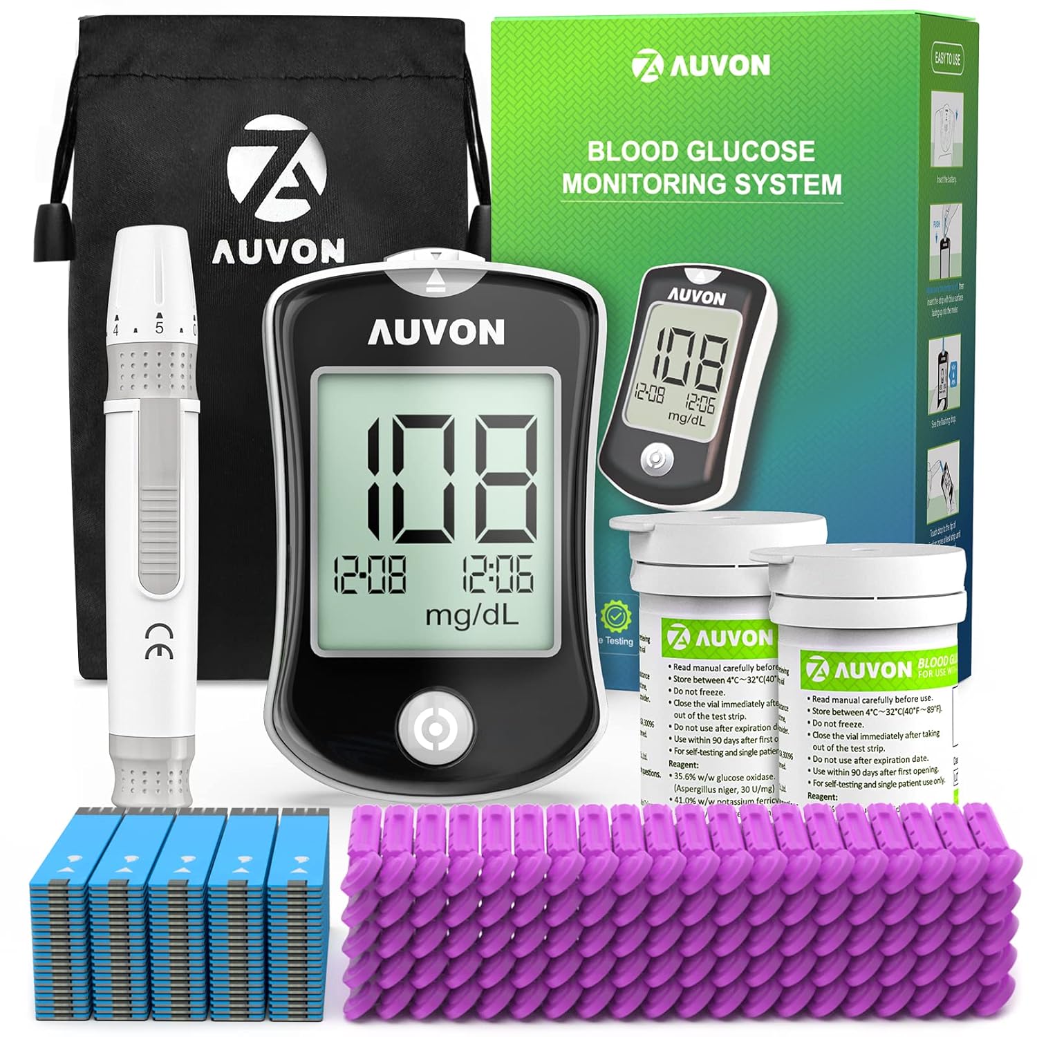 Auvon Blood Glucose Monitor Kit For Accurate Test, Diabetes Testing Kit With 100 Glucometer Strips, 100 30G Lancets And Lancing Devices, Ds-W Portable Sugar Test Kit, No Coding & Fsa/Hsa Eligible