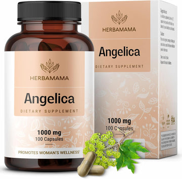 Herbamama Angelica Root Dong Quai Supplement - 1000 Mg Dong Quai Root Capsules - Angelica Herb Antioxidants Supplements For Women - Vegan, Non-Gmo - 100 Caps