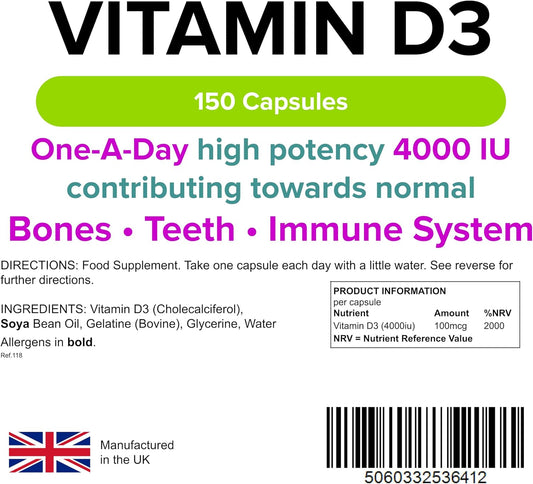 Lindens Vitamin D3 4000IU - 150 High Strength Capsules - Supports Healthy Immune System & Calcium Absorption - One-A-Day Capsule - 5 Month Supply - UK Manufacturer & Letterbox Friendly