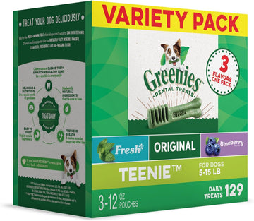 GREENIES TEENIE Natural Dog Dental Care Chews Oral Health Dog Treats 3-Flavor Variety Pack, (3) 12 oz. Pouches, 129 Total Treats,Green