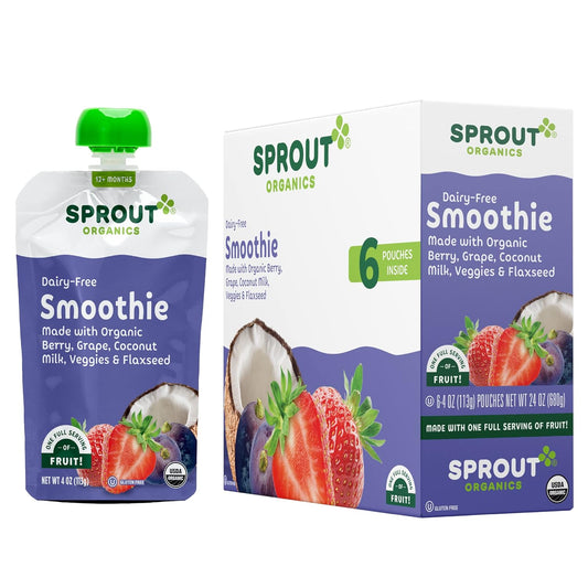 Sprout Organics, Dairy-Free Smoothie, Berry, Grape, Coconut Milk, Veggies & Flax Seed, 12+ Month Pouches, 4 Oz (12-Count)