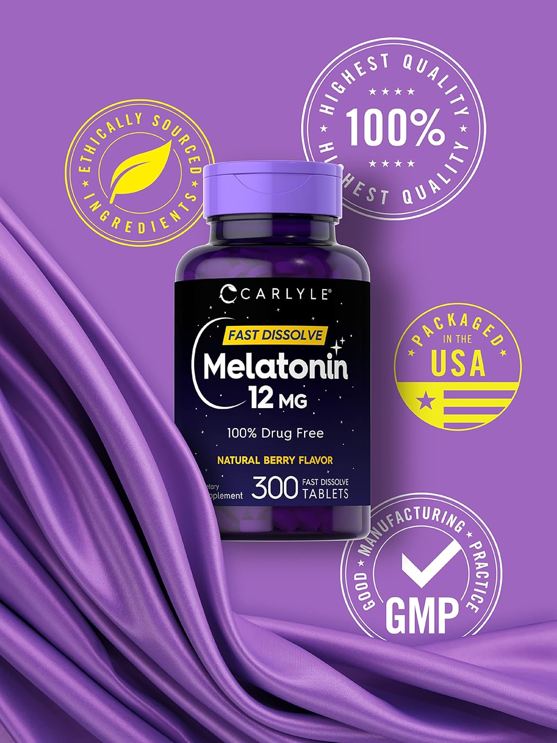 Carlyle Melatonin 12 mg Fast Dissolve 300 Tablets | Drug Free | Natural Berry Flavor | Vegetarian, Non-GMO, Gluten Free : Health & Household