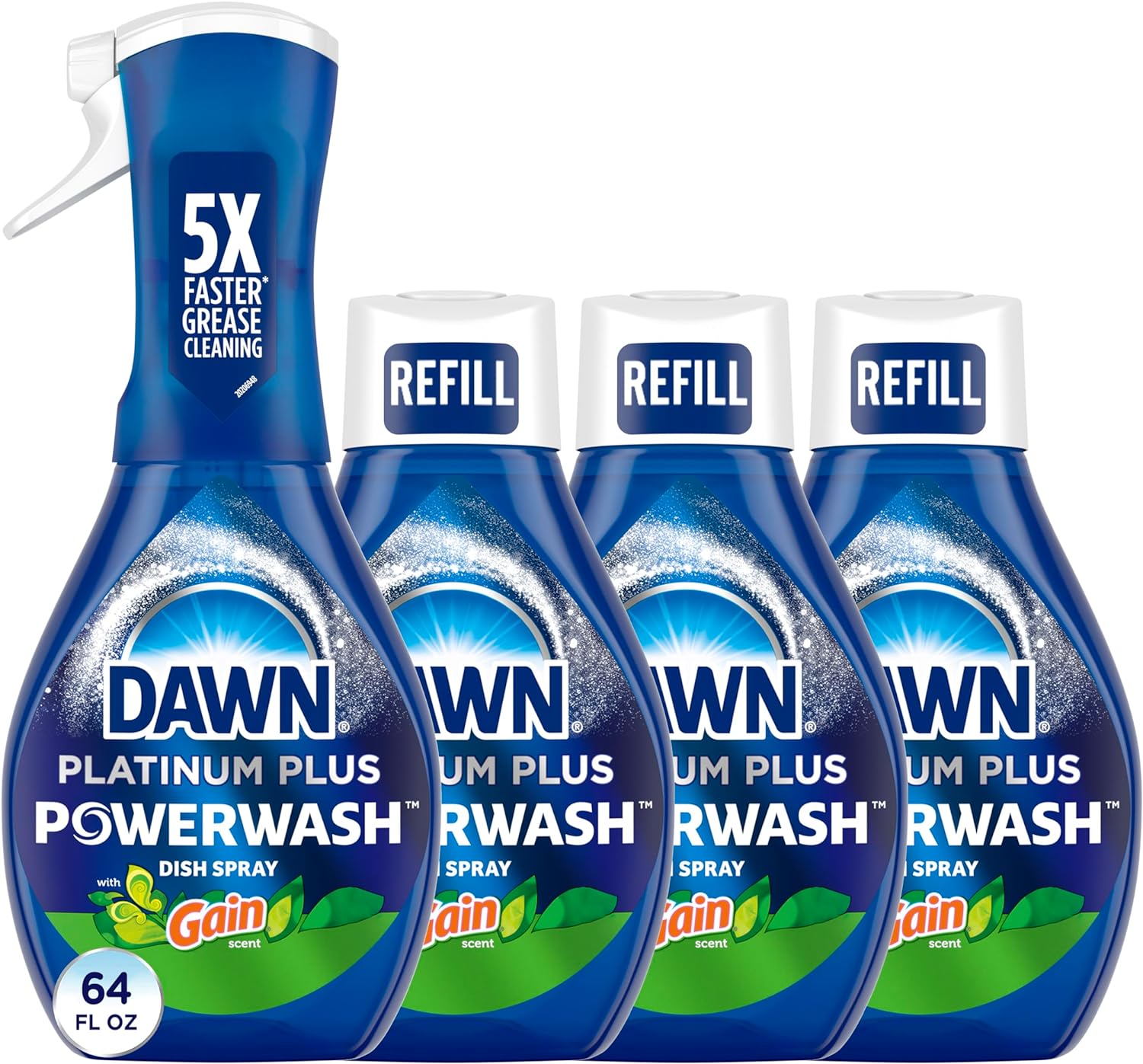 Dawn Powerwash Gain Original Dish Spray, Liquid Dish Soap 1 Starter Kit + 3 Refills, 64 Fl Oz