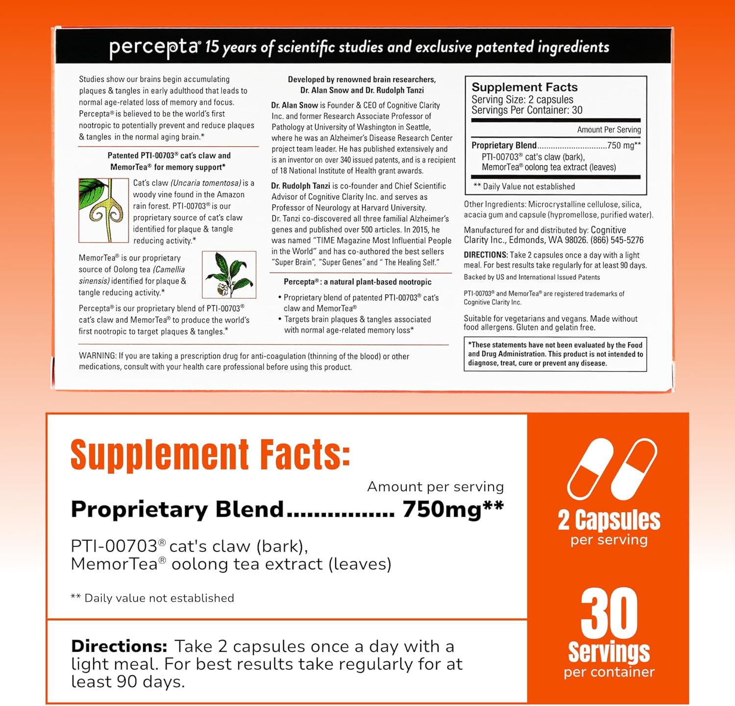 Percepta Plant-Based Memory Support - Natural Nootropic Brain Booster - Memory, Focus, Concentration - 30 Day Supply