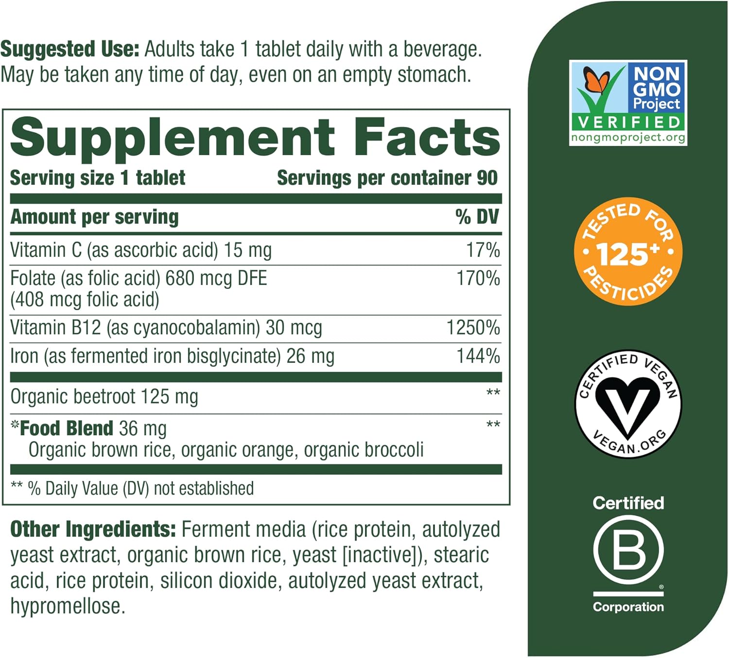 MegaFood Blood Builder - Iron Supplement Clinically Shown to Increase Iron Levels without Side Effects - Energy Support with Iron, Vitamins C and B12, and Folic Acid - Vegan - 90 Tabs