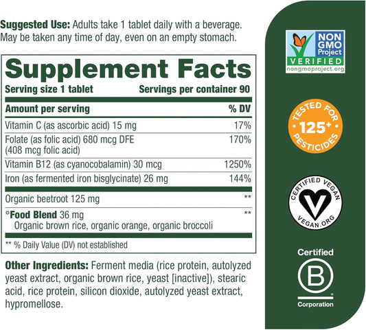 MegaFood Blood Builder - Iron Supplement Clinically Shown to Increase Iron Levels without Side Effects - Energy Support with Iron, Vitamins C and B12, and Folic Acid - Vegan - 90 Tabs