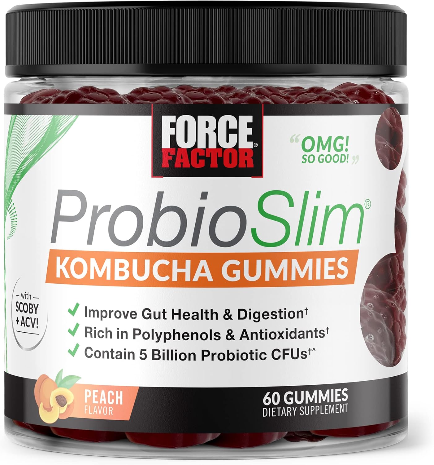 Force Factor Probioslim Kombucha Gummies For Digestive Health, Probiotics For Women And Probiotics For Men Made With 5 Billion Cfus, Kombucha Scoby Probiotic Gummies, Peach, 60 Gummies