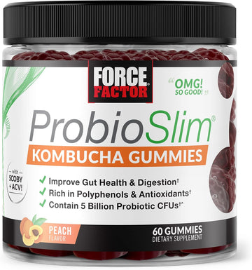 Force Factor Probioslim Kombucha Gummies For Digestive Health, Probiotics For Women And Probiotics For Men Made With 5 Billion Cfus, Kombucha Scoby Probiotic Gummies, Peach, 60 Gummies