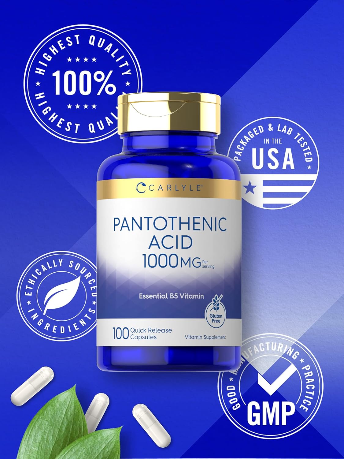 Carlyle Pantothenic Acid | 1000mg | 100 Capsules | Essential B5 Vitamin | Non-GMO, Gluten Free Supplement : Health & Household