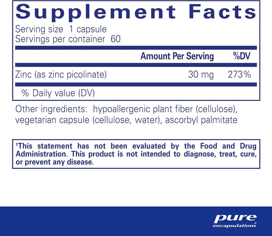 Pure Encapsulations Zinc 30 Mg - Supplement For Immune System Support, Growth And Development, And Wound Healing* - With Zinc Picolinate 30 Mg - 60 Capsules