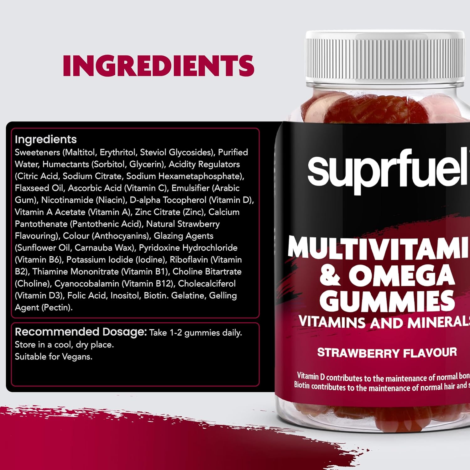 Suprfuel Multivitamin & Omega Gummies-60 Strawberry Flavour Multivitamin and Biotin Gummies-Vegan, Daily Supplement with Omega3, Vitamins A, C, D, E & Biotin-Supports Immune Health, Bones, Hair & Skin : Amazon.co.uk: Health & Personal Care