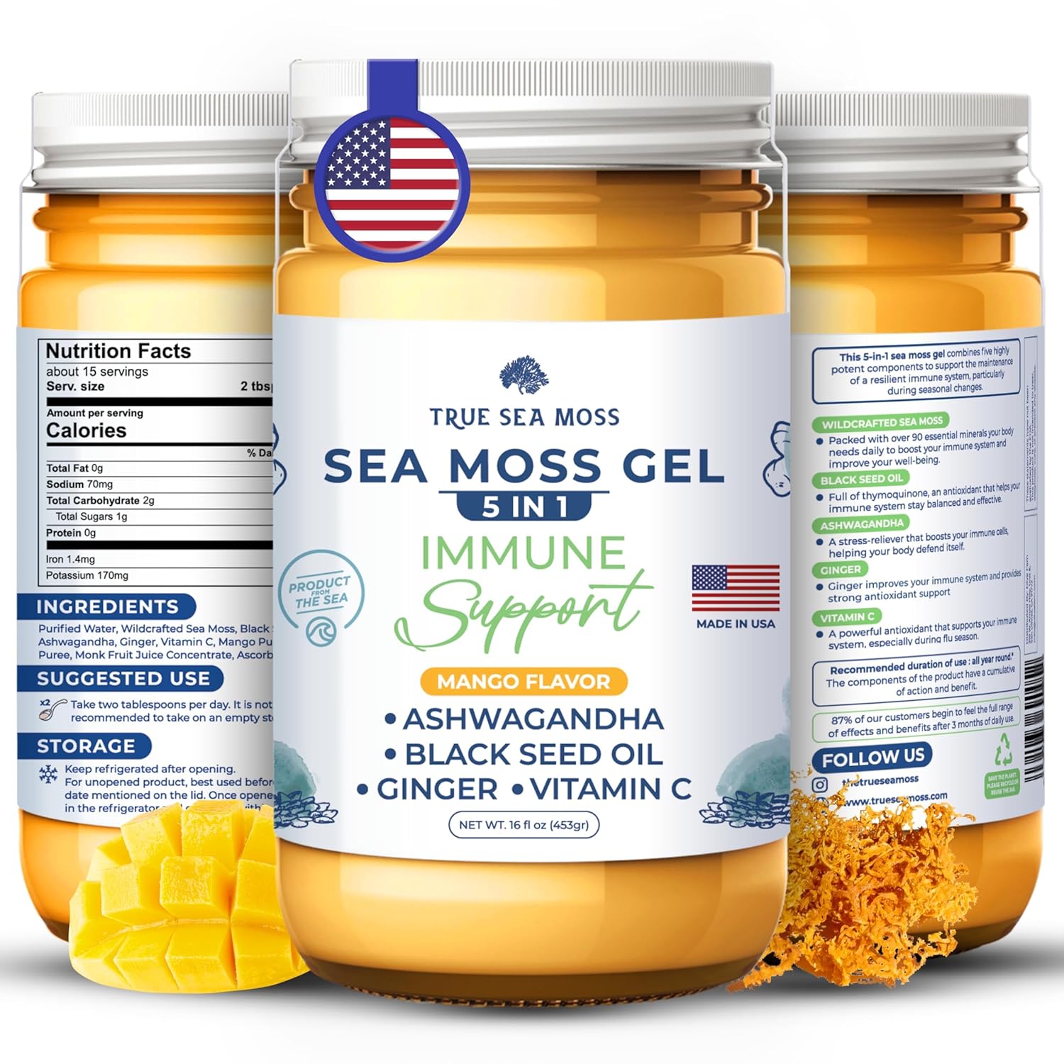 Trueseamoss Wildcrafted Irish Sea Moss Gel - Made With Organic Seamoss - Rich In Minerals & Vitamins, Vegan-Friendly - Supports Health, Made In Usa From Fresh Sea Vegetables (5 In 1, Pack Of 1)