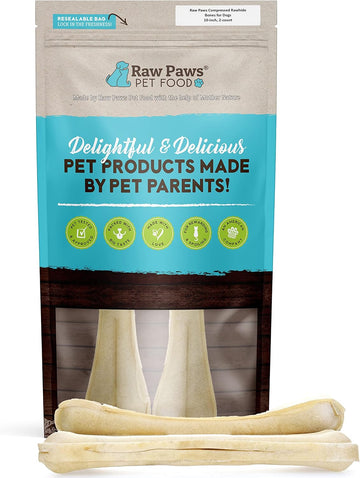 Raw Paws 10-Inch Compressed Rawhide Bones For Dogs, 2-Count - Packed In Usa - Long Lasting Dog Chews - Natural Pressed Rawhides - Large Dog Bones - Raw Hide Bones For Aggressive Chewers