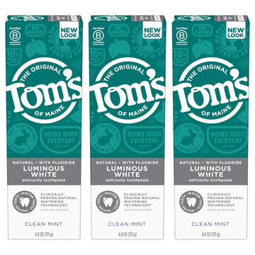 Tom's of Maine Natural Luminous White Toothpaste with Fluoride, Clean Mint, 4.0 oz. 3-Pack