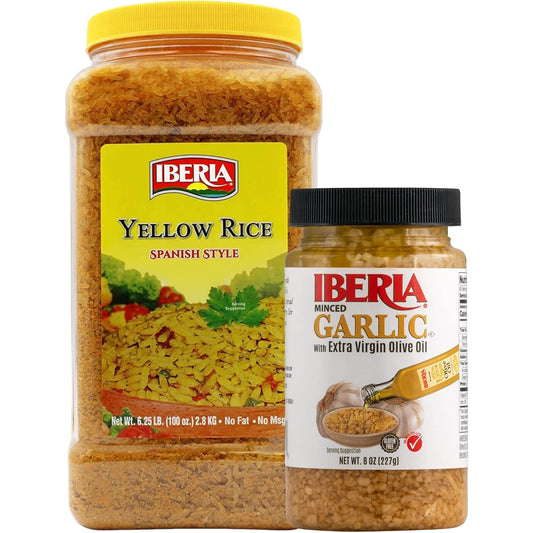 Iberia Yellow Rice 6.25 Lb. Bulk Spanish Style Seasoned Rice + Iberia Minced Garlic With Olive Oil, 8 Ounce