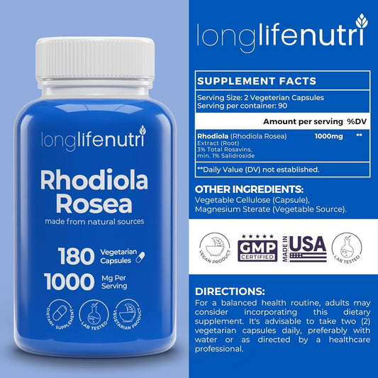 Rhodiola Rosea 500Mg - 180 Vegetarian Capsules For Mental & Physical Health, Non-Gmo, 3-Month Supply, Naturally Sourced & Laboratory Tested, Made In Usa - Daily Wellness Supplement