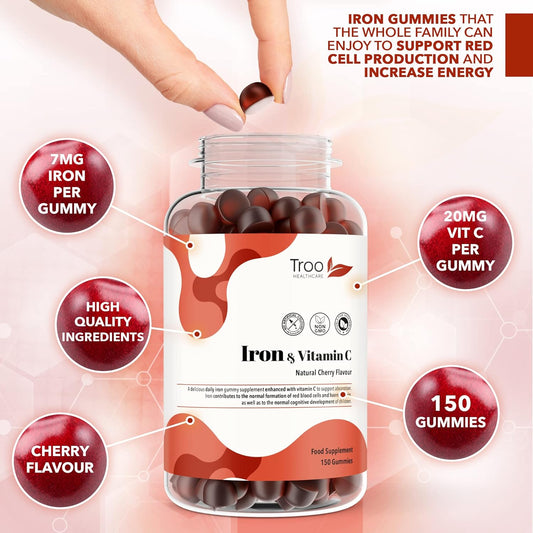 Iron & Vitamin C - 150 Natural Cherry Flavour Gummies - Tasty Chewable Supplement for Men, Women and Kids - Increased Absorption Supports Cognitive Development & Red Blood Cell Formation