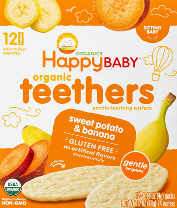 Happy Baby Organic Teethers, Banana and Sweet Potato, Gentle Teething Wafers, Packets, Soothing Rice Cookies for Teething Babies, 2 Count per pack, 12 Count per box, 1.7 Ounce