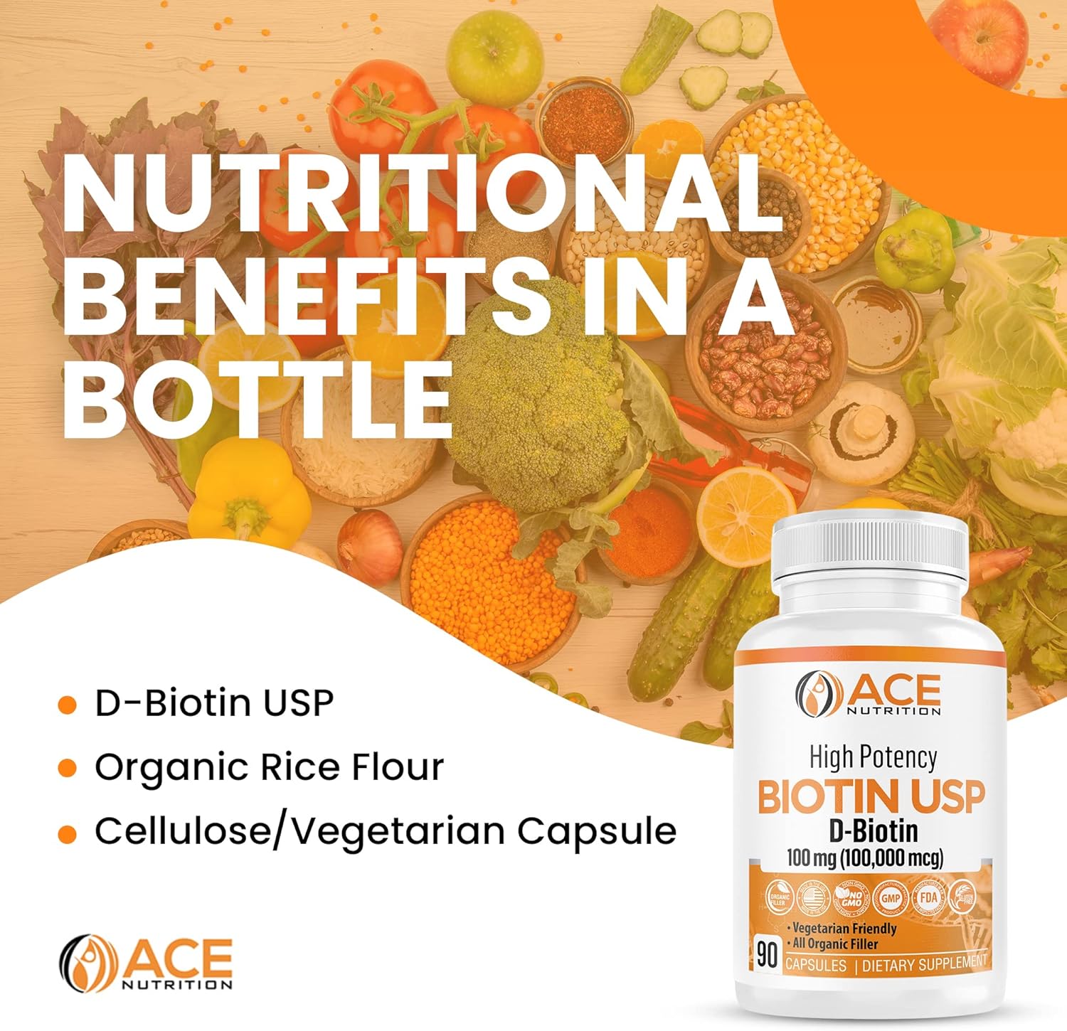 ACE NUTRITION High Potency Biotin USP (D-Biotin) 100mg (100,000mcg) (3) : Health & Household