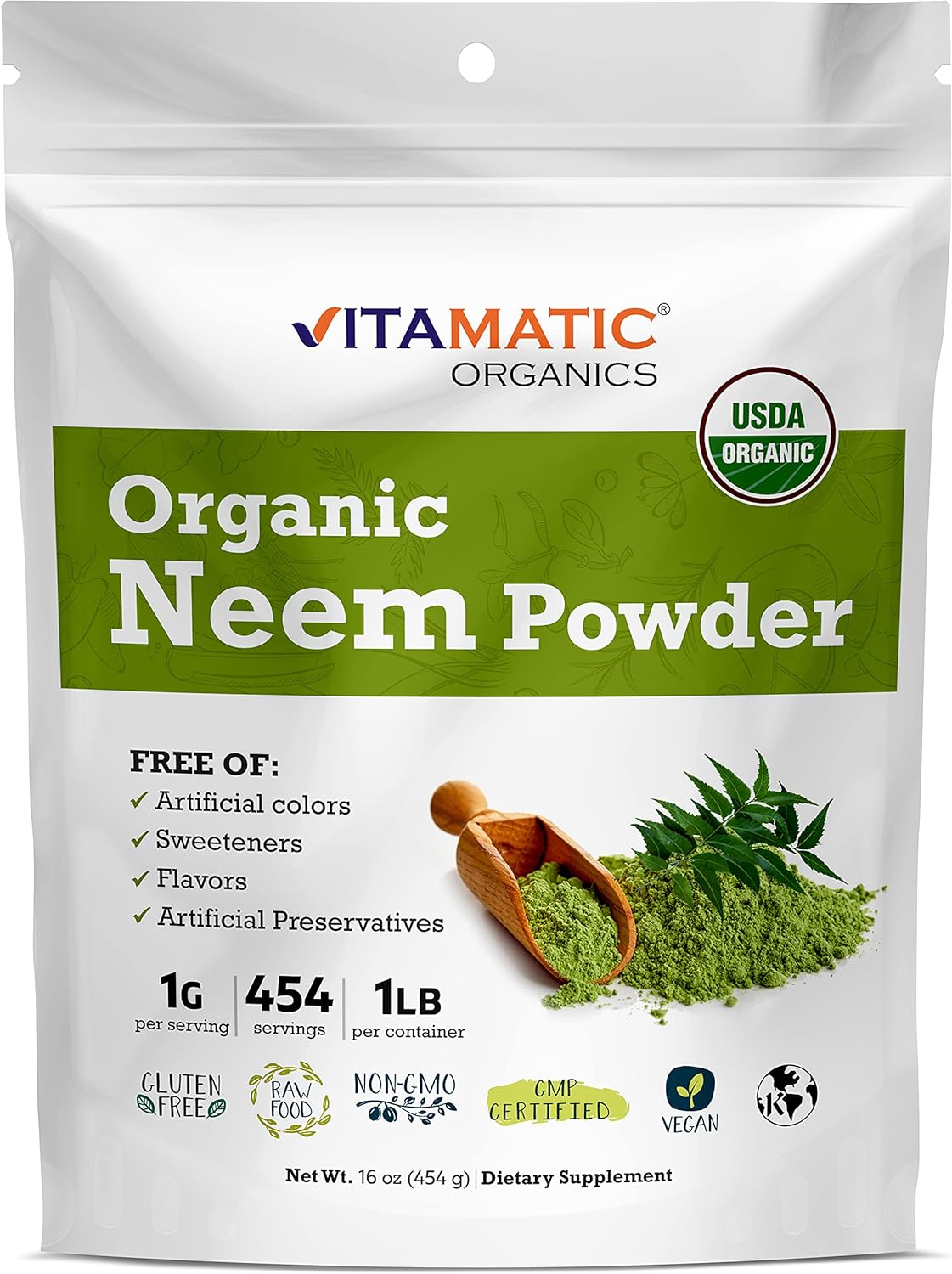Vitamatic Certified USDA Organic Neem Leaf Powder 1 Pound (16 Ounce)