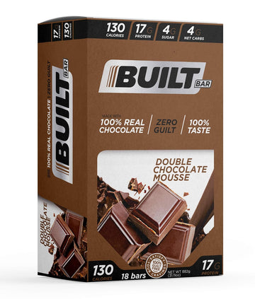 Built Bar 18 Pack Protein and Energy Bars - 100% Real Chocolate - High In Whey Protein And Fiber - Gluten Free, Natural Flavoring, No Preservatives (Double Chocolate)