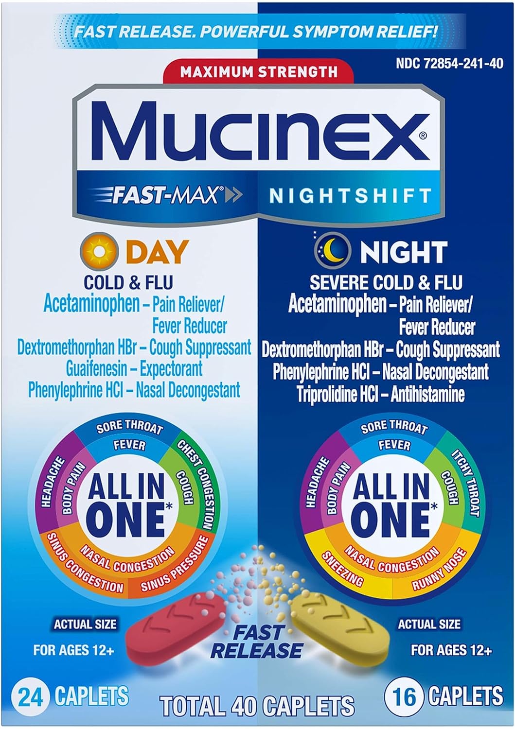 Maximum Strength Mucinex Fast-Max Day Cold & Flu & Nightshift Night Severe Cold & Flu All In One, Fast Release, Powerful Multi-Symptom Relief, 40 caplets (24 Day time + 16 Night time)