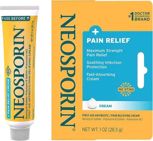 Neosporin + Maximum-Strength Pain Relief Dual Action Cream, First Aid Topical Antibiotic & Analgesic For Wound Care Of Minor Cuts, Scrapes & Burns, Polymyxin B & Pramoxine Hcl, 2 X 1 Oz