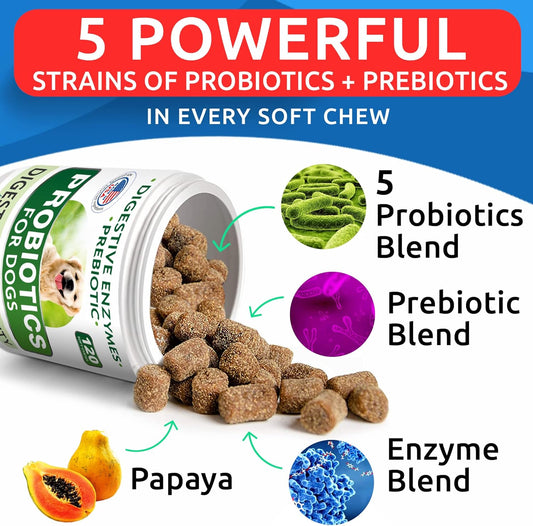 Bark&Spark Dog Probiotics & Digestive Enzymes (Gut Health) Allergy & Itchy Skin - Pet Diarrhea Gas Treatment Upset Stomach Relief, Digestion Health Prebiotic Supplement Large Dog Treats (240Ct Bacon)