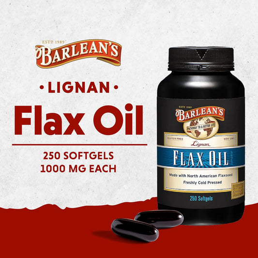 Barlean's Lignan Flaxseed Oil Softgels, Cold-Pressed Flax Seed Supplement with 1,550 mg ALA Omega-3 Fatty Acids for Joint & Heart Health, 1000mg, 250 ct