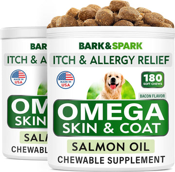 BARK&SPARK Omega 3 for Dogs - 360 Fish Oil Treats for Dog Shedding, Skin Allergy, Itch Relief, Hot Spots Treatment - Joint Health - Skin and Coat Supplement - EPA & DHA Fatty Acids - Salmon Oil -Bacon
