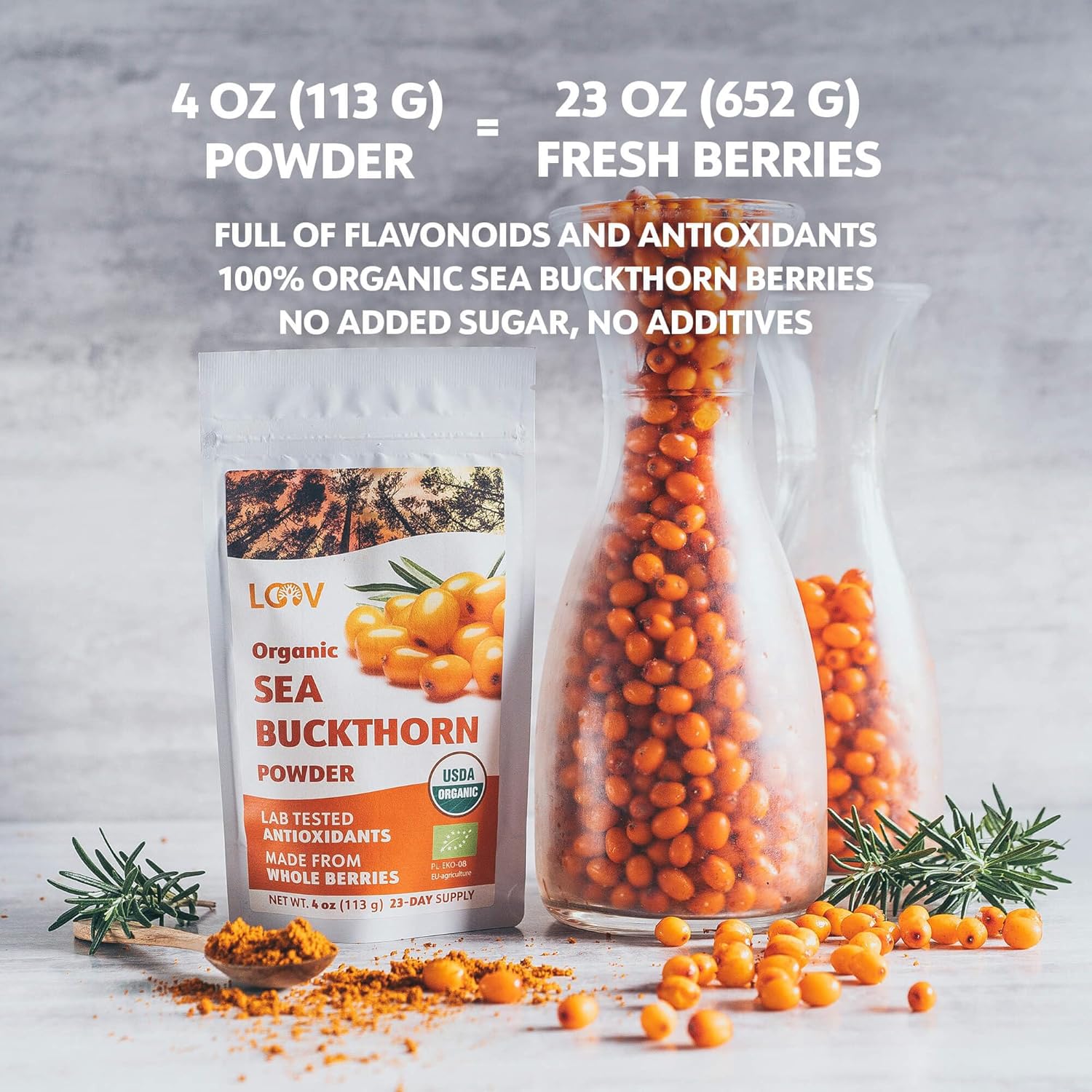 Loov Organic Sea Buckthorn Powder, High In Fibre, Made From 100% Whole Berries, 113 G, Grown In Nordic Climate, Rich In Omega Blend, Vitamin C, Vitamin E, 23-Day Supply, No Added Sugar, Non-Gmo