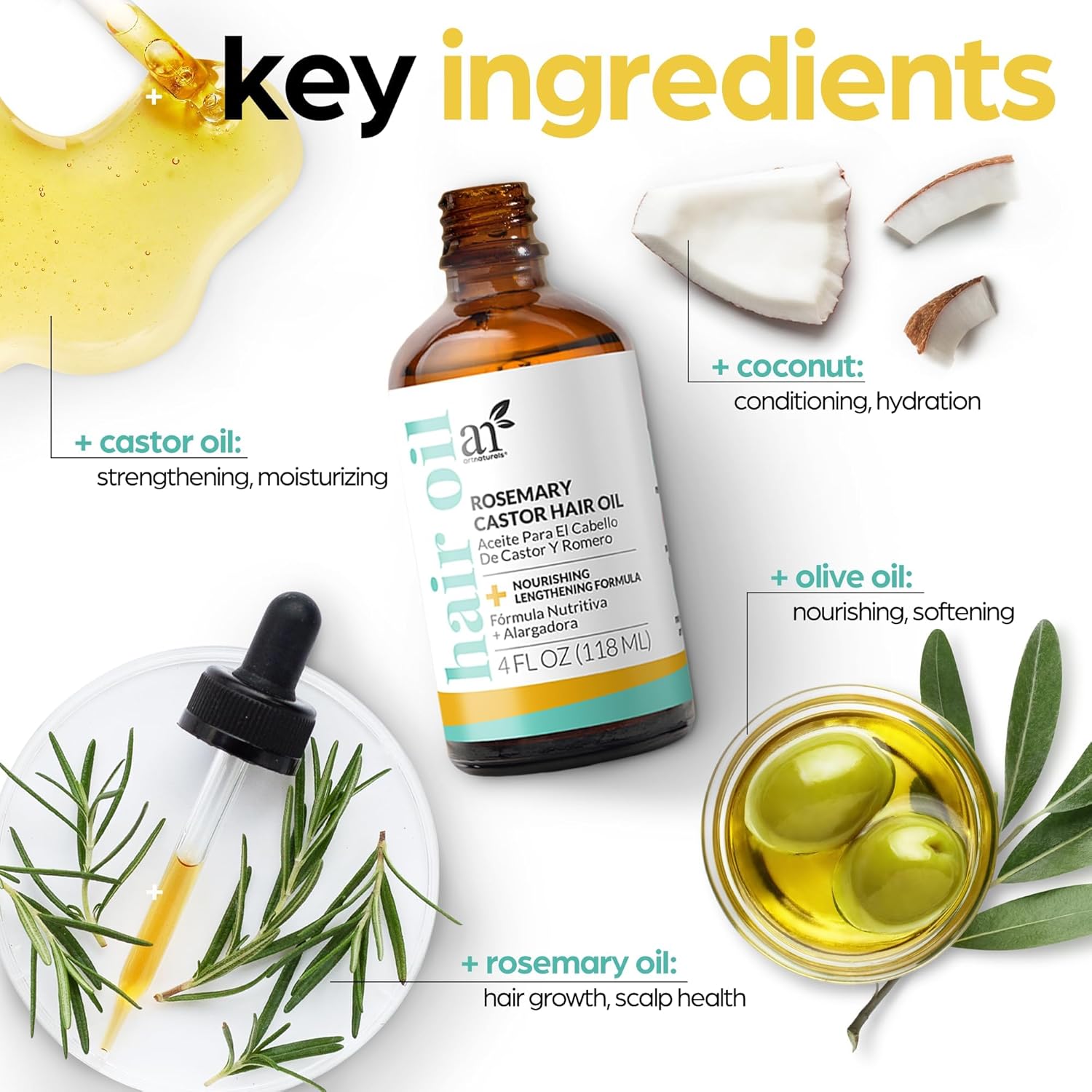 Artnaturals Organic Rosemary & Castor Hair Growth Oil + Scalp Massager Set – Hair Styling Oils For Dry, Itchy Scalp, Thickening & Hydration - Scalp Oil Products For Damaged Hair & Split Ends – 4.0 Oz : Beauty & Personal Care