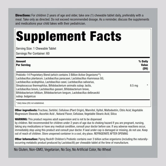 Piping Rock Probiotic for Children | 60 Chewable Tablets | Berry Flavor | 14 Strains, 3 Billion Organisms | Non-GMO, Gluten Free Kids Supplement