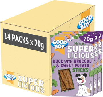 Good Boy Superlicious Duck, Broccoli & Sweet Potato Sticks - Natural Dog Treats - Low Fat Training Treats - Bulk Box - 14 X 70G