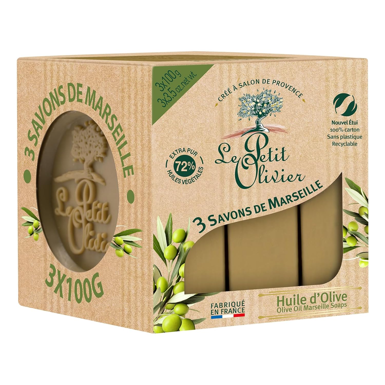 Olive Oil Marseille Soaps, 3 X 3.5 Oz - Enriched With Olive Oil And Natural Extracts - Mild And Gentle - Cruelty-Free - Paraben-Free - Natural Soap