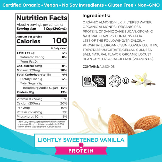 Orgain Organic Vegan Protein Almond Milk, Lightly Sweetened Vanilla - 10G Plant Protein, Vitamin D & Calcium, No Lactose, Dairy & Soy Ingredients, Gluten Free, No Sugar Added, 32 Fl Oz (Pack Of 6)