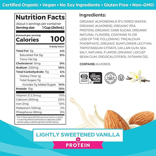 Orgain Organic Vegan Protein Almond Milk, Lightly Sweetened Vanilla - 10G Plant Protein, Vitamin D & Calcium, No Lactose, Dairy & Soy Ingredients, Gluten Free, No Sugar Added, 32 Fl Oz (Pack Of 6)