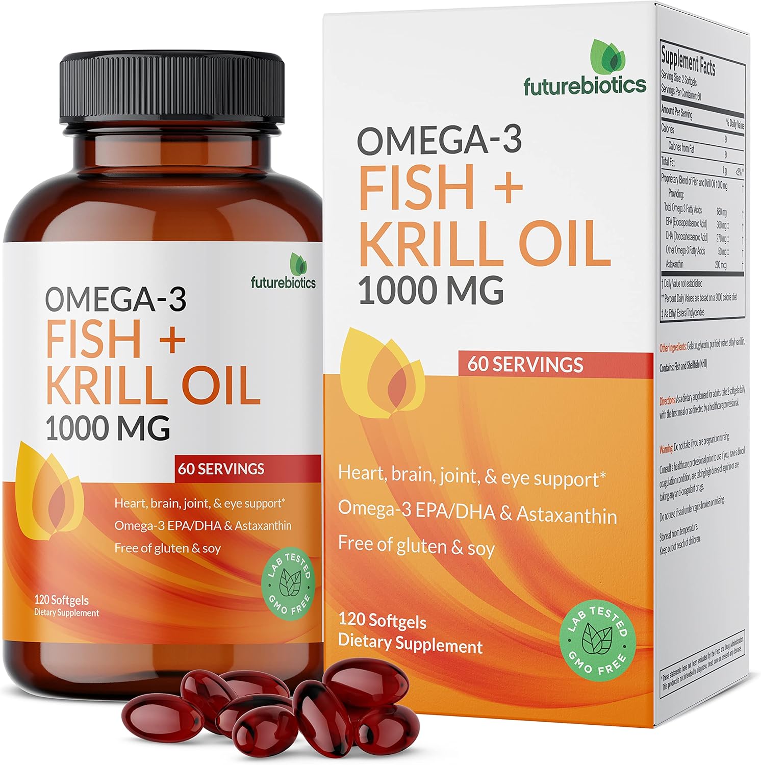 Futurebiotics Omega-3 Fish + Krill Oil 1000 Mg Omega-3 Epa/Dha & Astaxanthin - Non-Gmo, 120 Softgels (60 Servings)