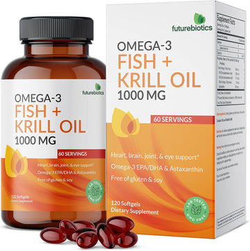 Futurebiotics Omega-3 Fish + Krill Oil 1000 Mg Omega-3 Epa/Dha & Astaxanthin - Non-Gmo, 120 Softgels (60 Servings)