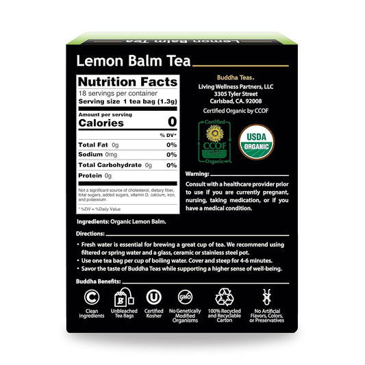 Buddha Teas - Organic Lemon Balm Tea - Herbal Tea - For Health & Wellbeing - With Antioxidants & Minerals - Clean Ingredients - Caffeine Free - Ou Kosher & Non-Gmo - 18 Tea Bags (Pack Of 1)