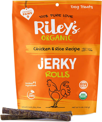 Riley'S Organic Dog Jerky Treats - Chicken Jerky Dog Treats - Chicken & Rice Dog Training Treats - Organic - Soft Jerky Treats For Dogs - Easy Snap For Any Size Dog - 5 Oz