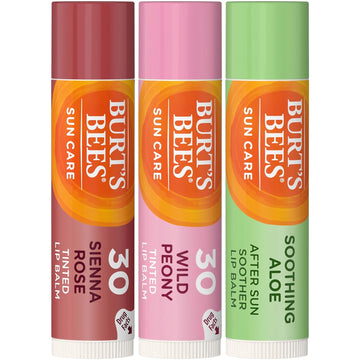 Burt'S Bees Spf 30 Tinted Lip Balm Mothers Day Gifts For Mom, After Sun Care Lip Balm, Water-Resistant Lip Moisturizer, Wild Peony, Sienna Rose, Natural Origin Lip Care, 3 Tubes, 0.15 Oz