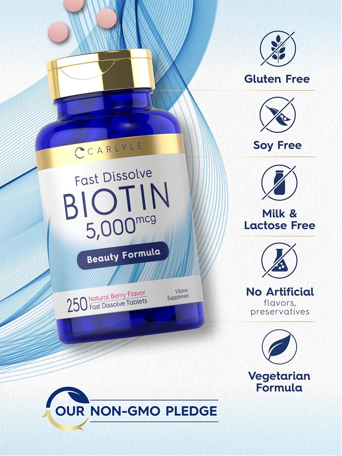 Carlyle Biotin 5000mcg | 250 Fast Dissolve Tablets | Vegetarian, Non-GMO, Gluten Free Supplement : Health & Household