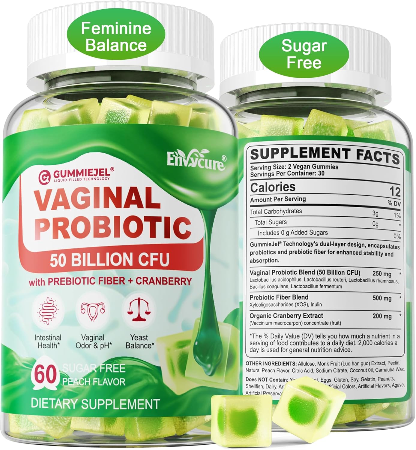 Vegan Vaginal Probiotics For Women Gummies - Ph, Odor, Feminine Balance, Yeast, Urinary Tract - 50 Billion Cfu Lactobacillus Reuteri, Cranberry, Prebiotics Fiber - Delayed Release - Sugar Free, 60 Cts