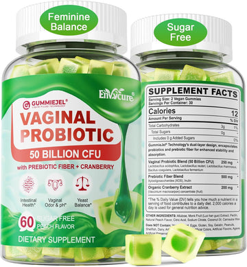 Vegan Vaginal Probiotics For Women Gummies - Ph, Odor, Feminine Balance, Yeast, Urinary Tract - 50 Billion Cfu Lactobacillus Reuteri, Cranberry, Prebiotics Fiber - Delayed Release - Sugar Free, 60 Cts