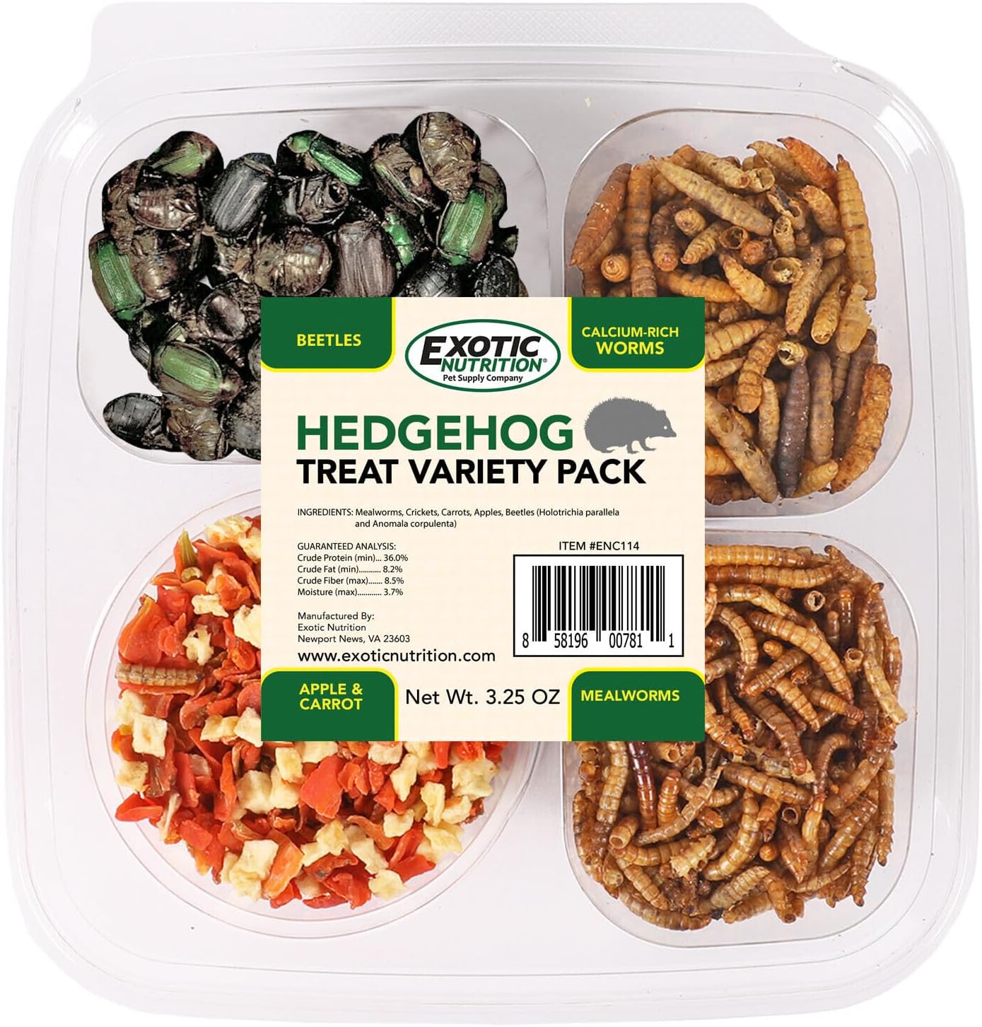 Hedgehog Treat Variety Pack - Healthy Natural Treat Assortment - Dried Mealworms, Dried Black Soldier Fly Larvae, Dried Crickets, Dried Apples & Carrots - Sampler Variety Value Package