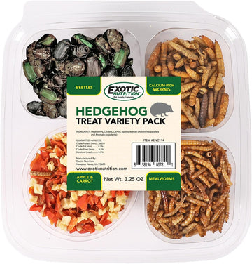 Hedgehog Treat Variety Pack - Healthy Natural Treat Assortment - Dried Mealworms, Dried Black Soldier Fly Larvae, Dried Crickets, Dried Apples & Carrots - Sampler Variety Value Package