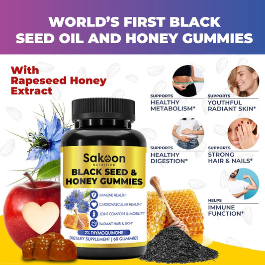 Sakoon nutrition Black Seed Oil & Honey Gummies W/ 2%+ THYMOQUINONE | Nigella Sativa Seeds| Super antioxidant for Immune Support, Joints, Digestion, Hair & Skin | 60 Gummies