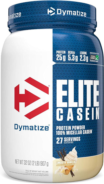 Dymatize Elite Casein Protein Powder, Slow Absorbing With Muscle Building Amino Acids, 100% Micellar Casein, 25G Protein, 5.4G Bcaas & 2.3G Leucine, Helps Overnight Recovery, Smooth Vanilla, 2 Pound